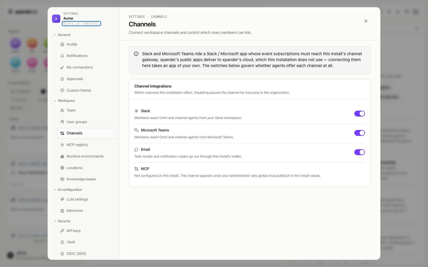 Settings Channels list