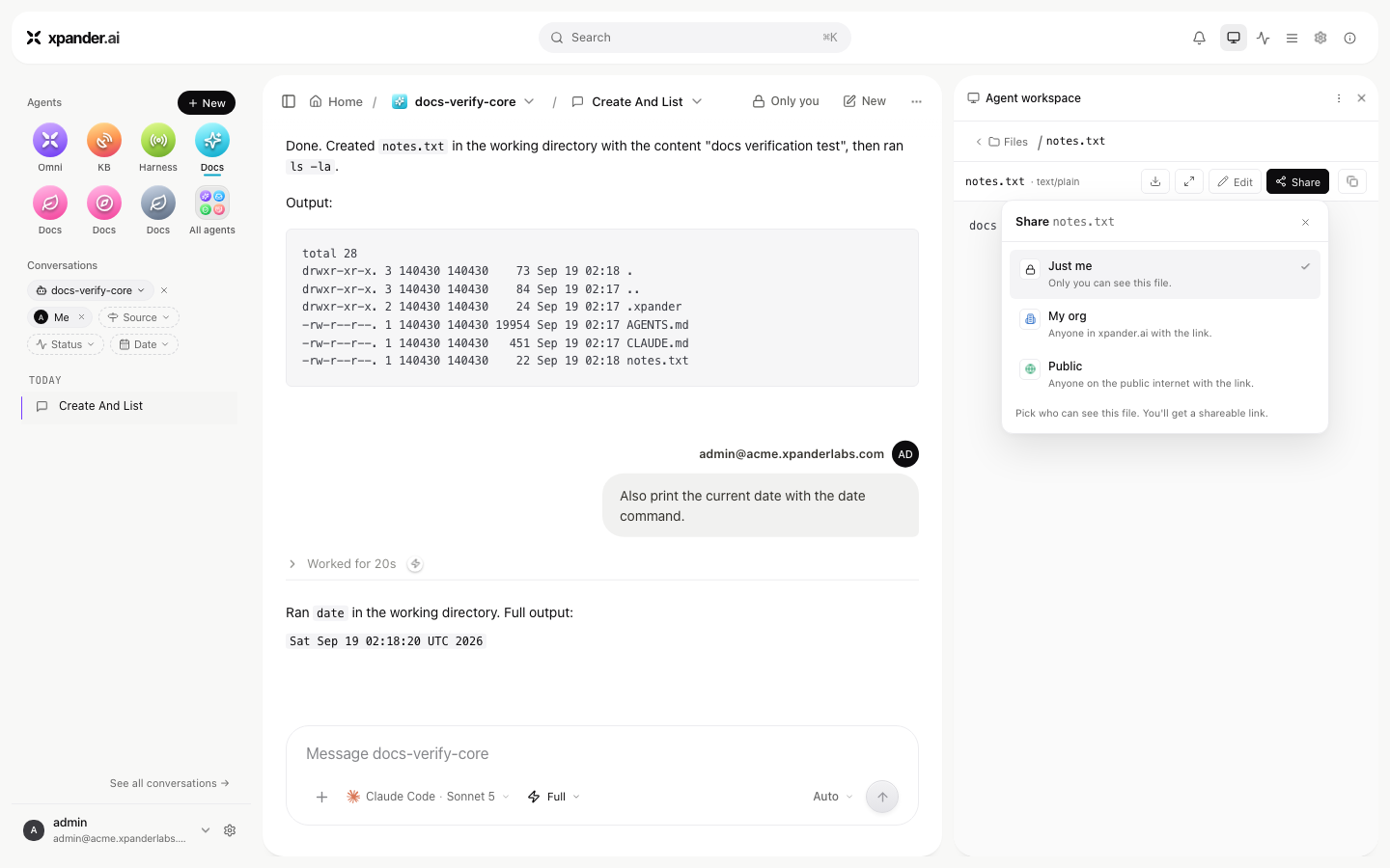 Share dialog for a file with Just me, My org and Public audience options