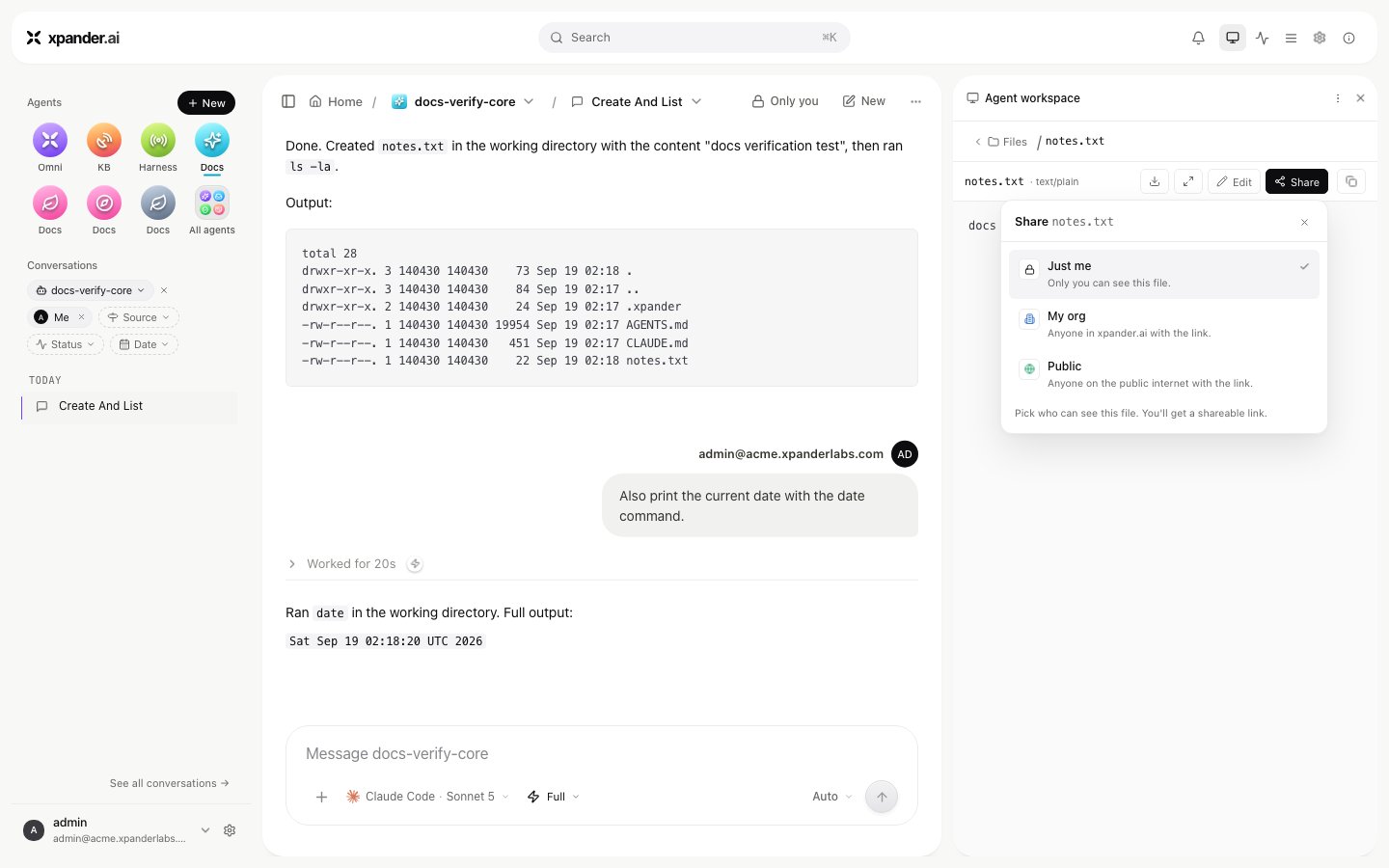 Share dialog for a file with Just me, My org and Public audience options