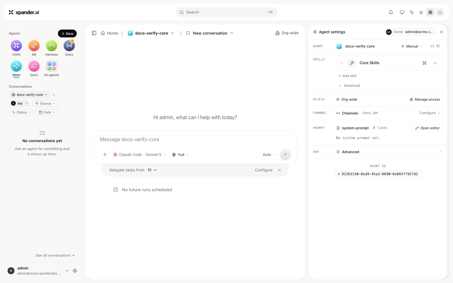 Agent settings panel showing Agent, Skills, Access, Channel and Prompt rows