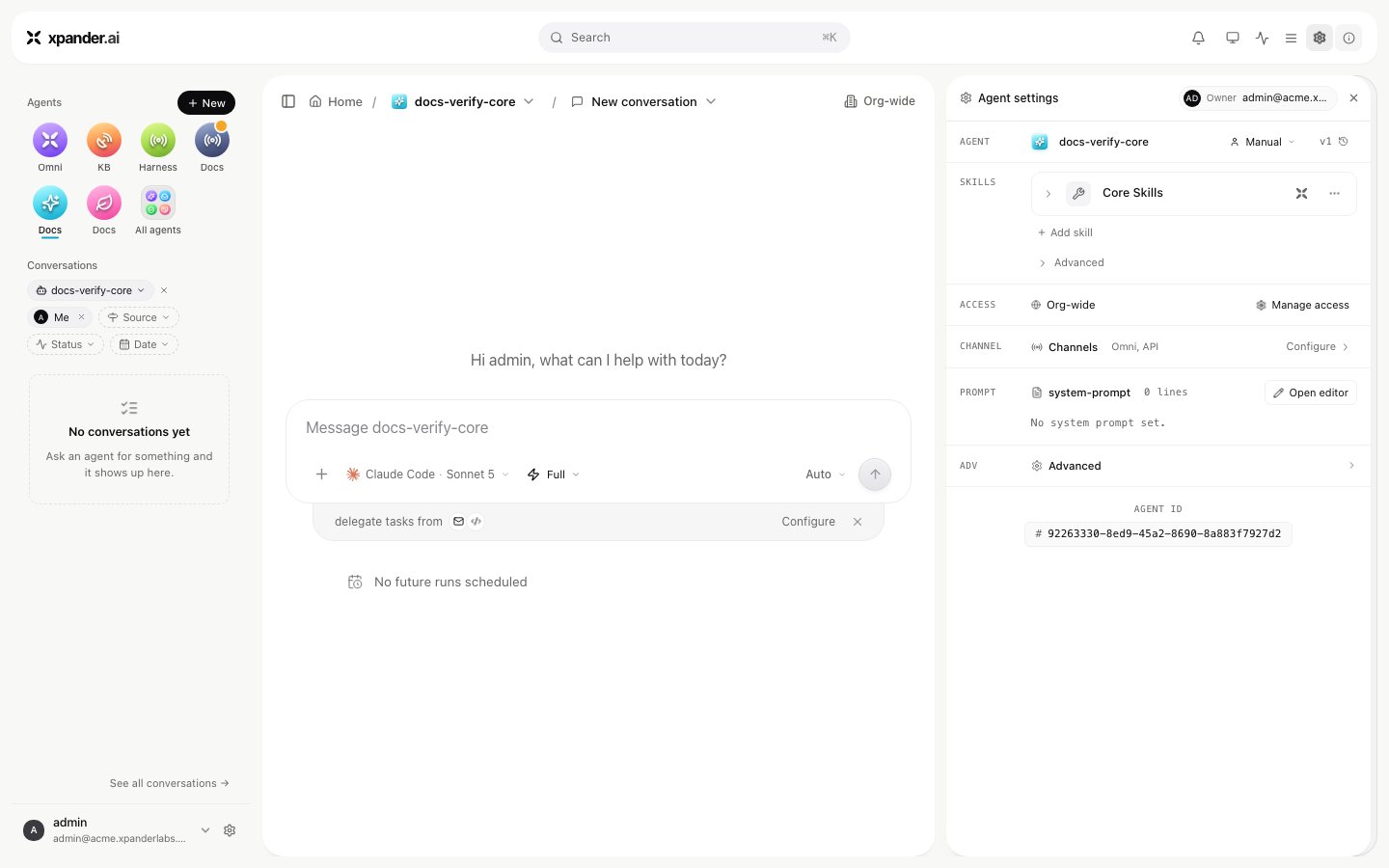 Agent settings panel showing Agent, Skills, Access, Channel and Prompt rows