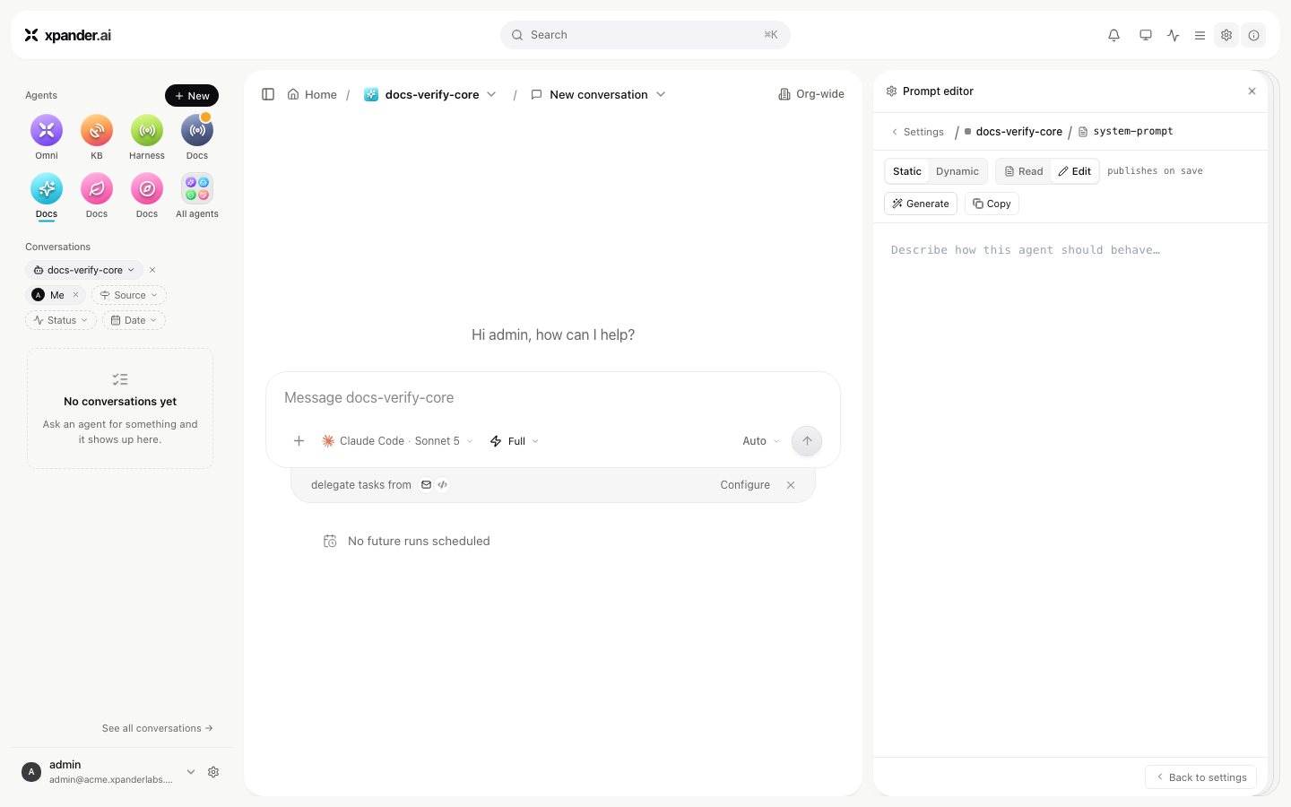 Prompt editor in Static mode showing an empty instructions box with Generate and Copy buttons