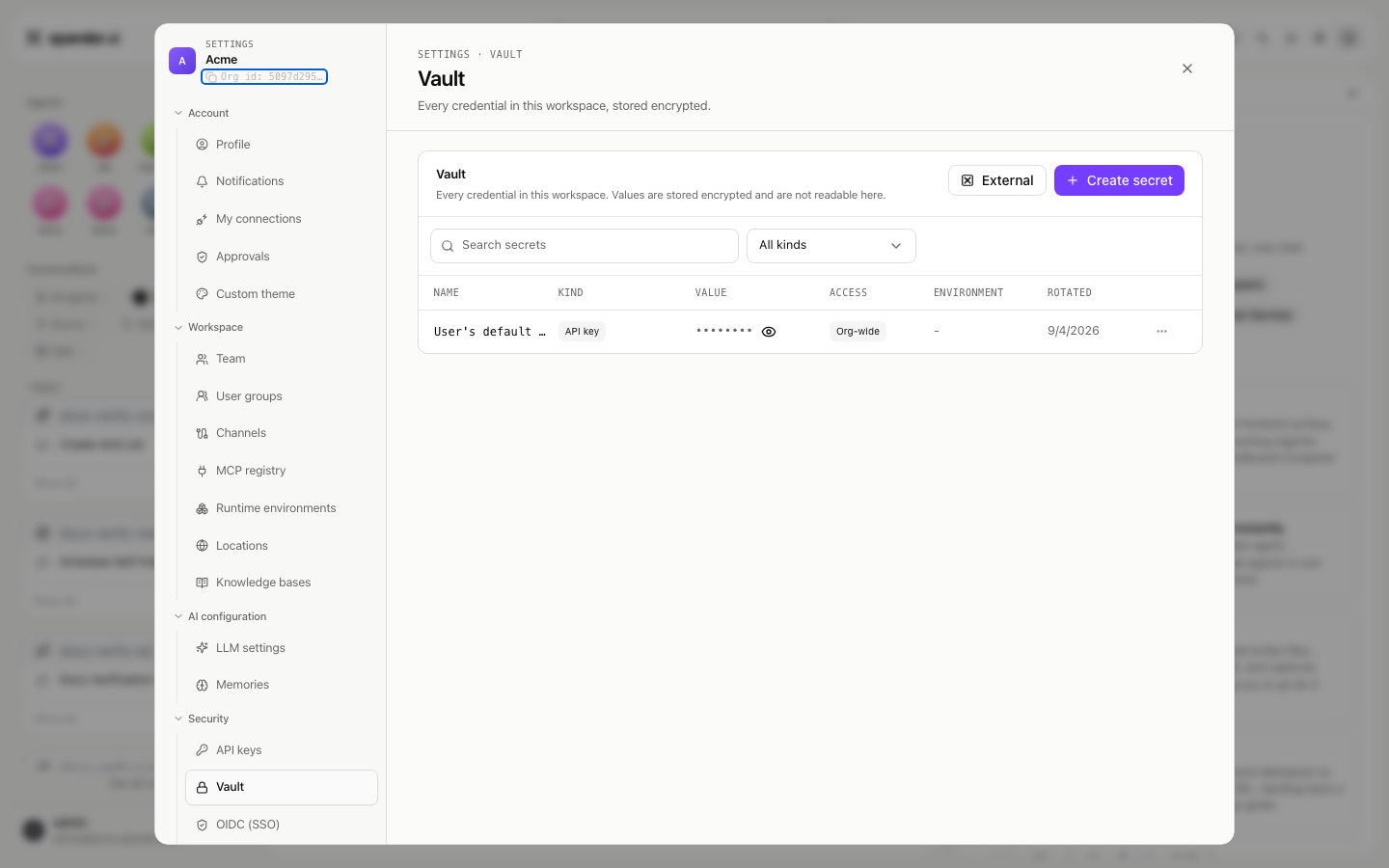 Vault table with a row for an organization API key, its row menu open showing Manage access, View activity and Manage