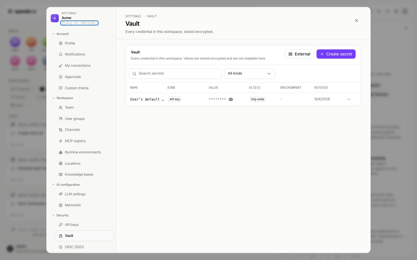 Vault table with a row for an organization API key, its row menu open showing Manage access, View activity and Manage
