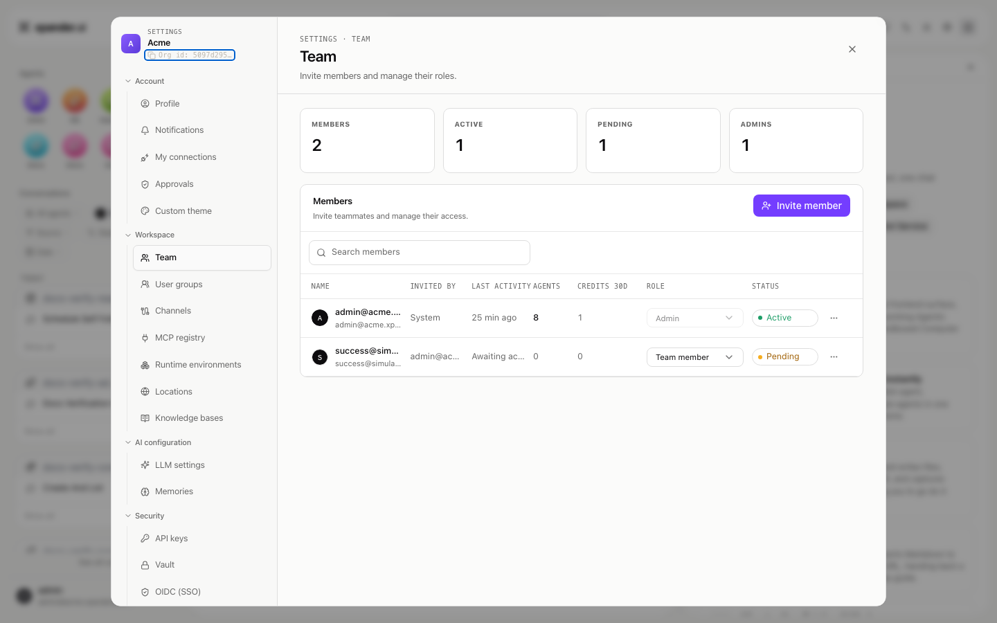 Team settings tab with member counts and a members table showing Admin and Team member role selectors