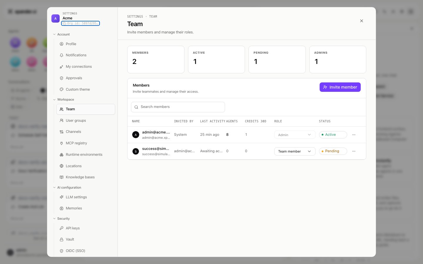 Team settings tab with member counts and a members table showing Admin and Team member role selectors
