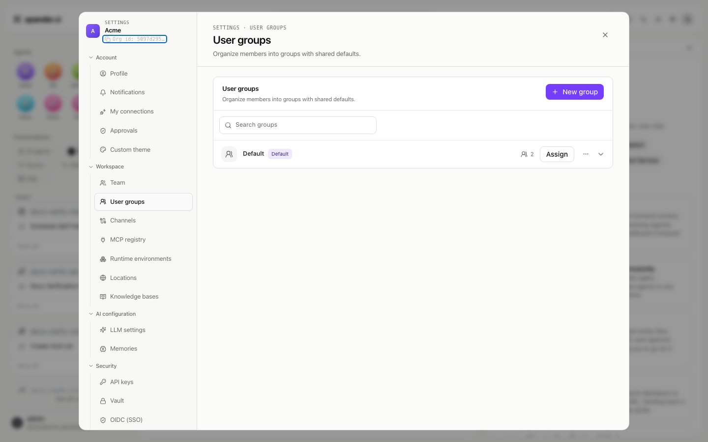 User groups settings tab listing the Default group with 2 members and an Assign button