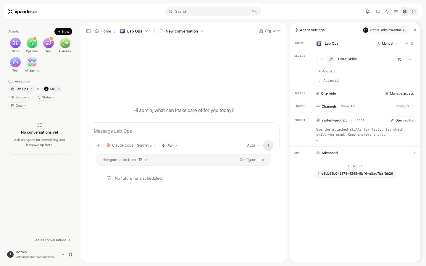 Agent settings panel with a Skills section holding Core Skills and an Add skill link, then Access, Channel, Prompt and Advanced rows