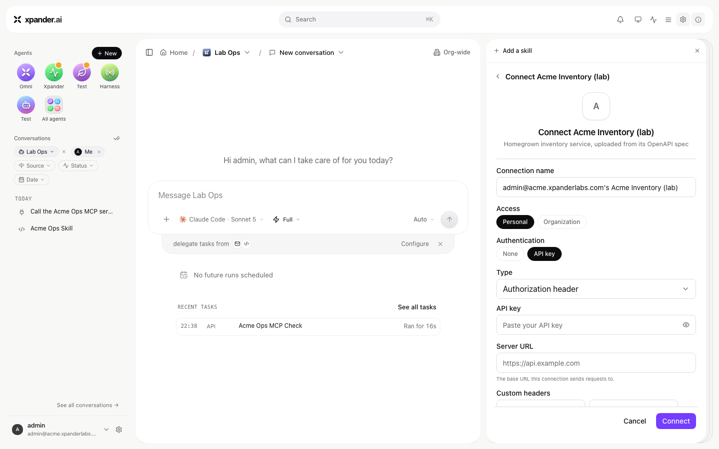 Connect dialog with a prefilled Connection name, Access set to Personal, Authentication set to API key, Type set to Authorization header, and API key, Server URL and Custom headers fields above a Connect button