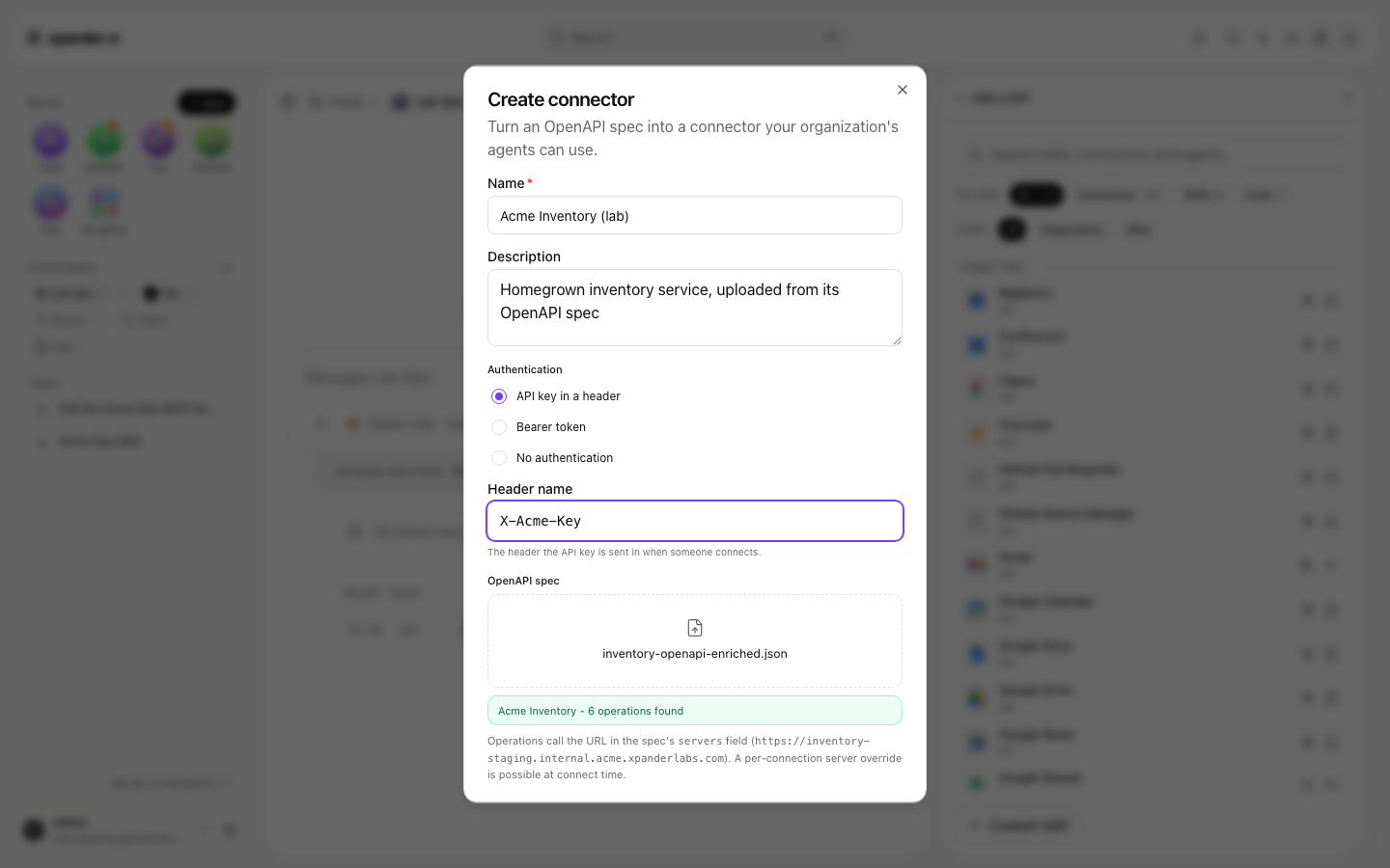 Create connector dialog with Name, Description, Authentication set to API key in a header, a Header name field, and an uploaded OpenAPI spec reporting the operations found
