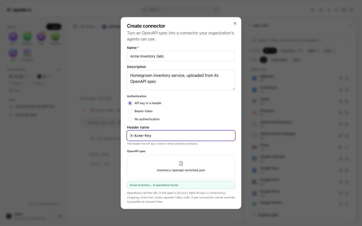 Create connector dialog with Name, Description, Authentication set to API key in a header, a Header name field, and an uploaded OpenAPI spec reporting the operations found