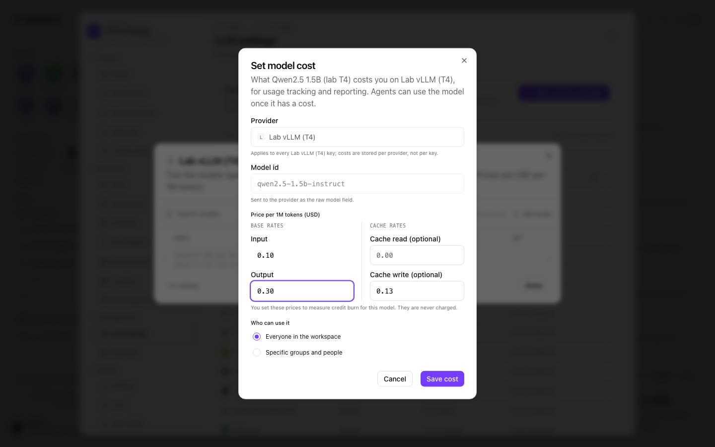 Set model cost dialog reading 'Agents can use the model once it has a cost', with Provider, Model id, Input and Output prices, optional cache rates, a Who can use it choice and a Save cost button