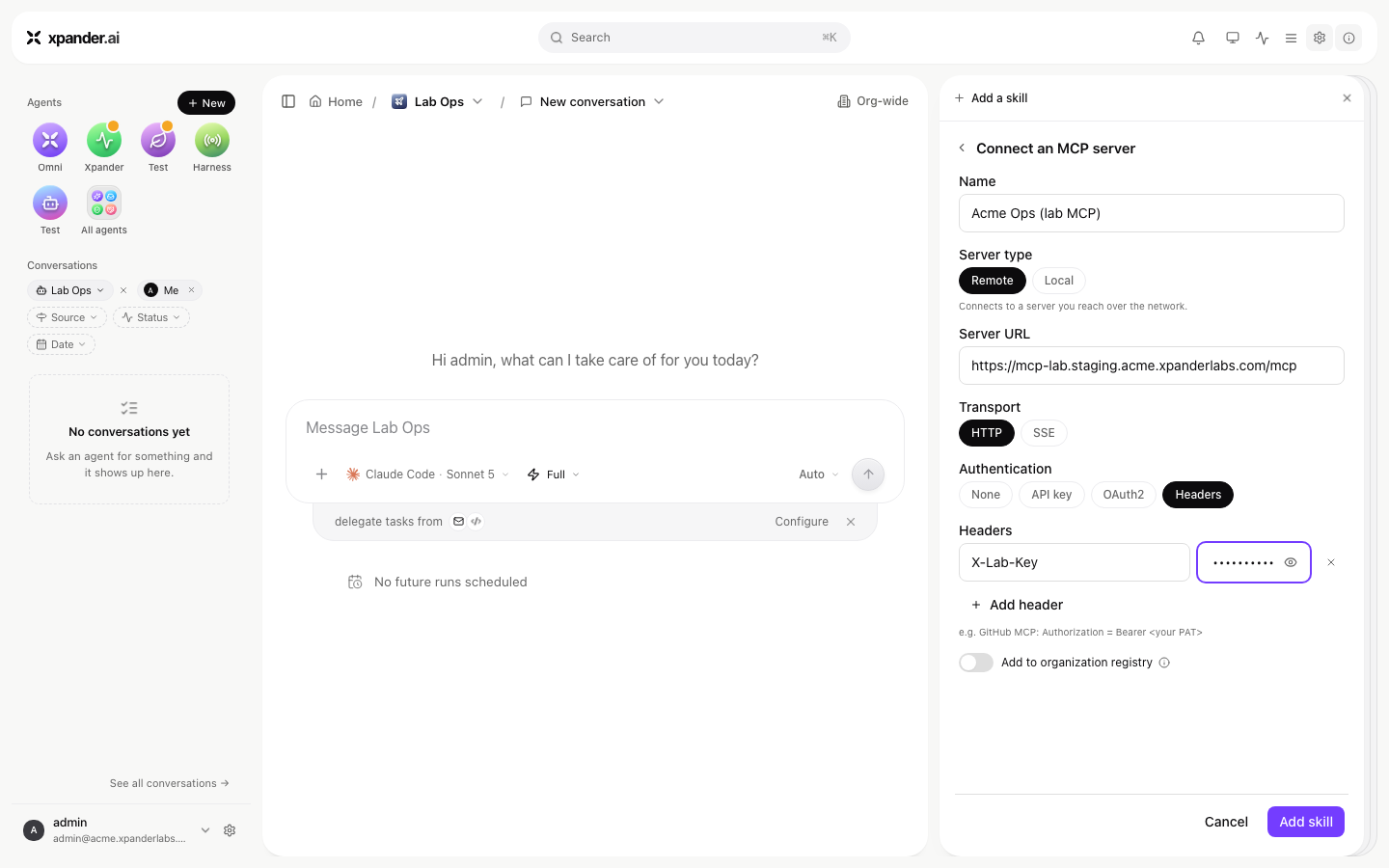Connect an MCP server dialog with Name, Server type Remote, Server URL, Transport HTTP, Authentication Headers with a header row, an Add to organization registry switch and an Add skill button