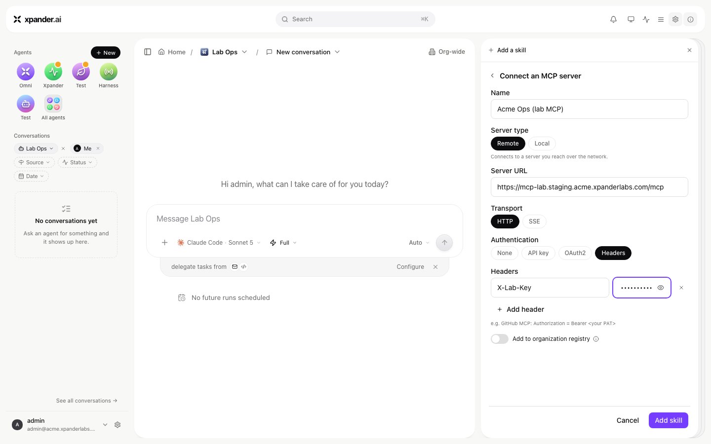 Connect an MCP server dialog with Name, Server type Remote, Server URL, Transport HTTP, Authentication Headers with a header row, an Add to organization registry switch and an Add skill button