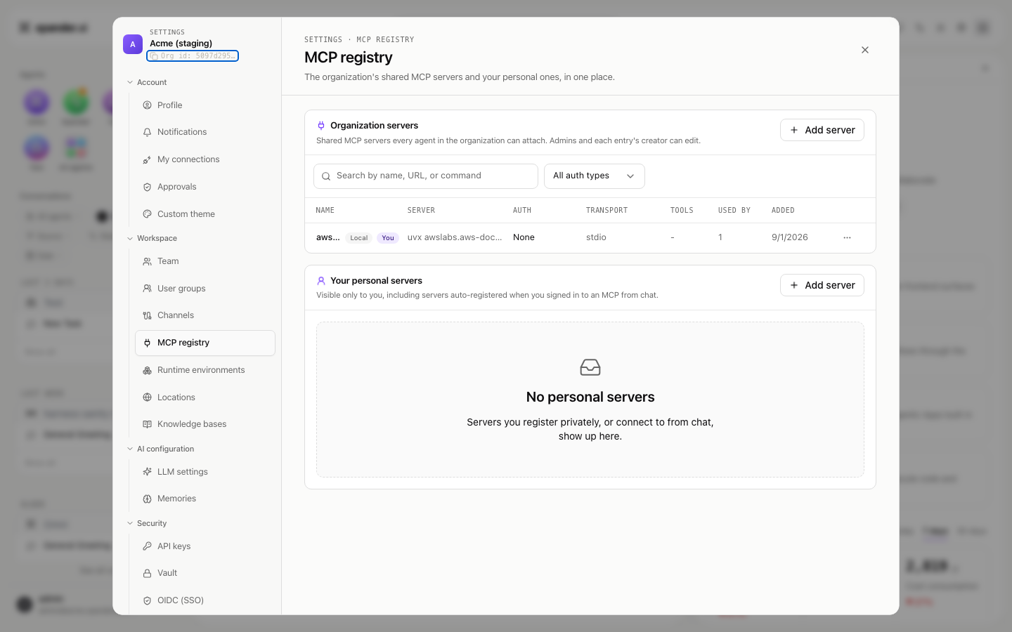 MCP registry page with an Organization servers table holding one local stdio entry and an empty Your personal servers list