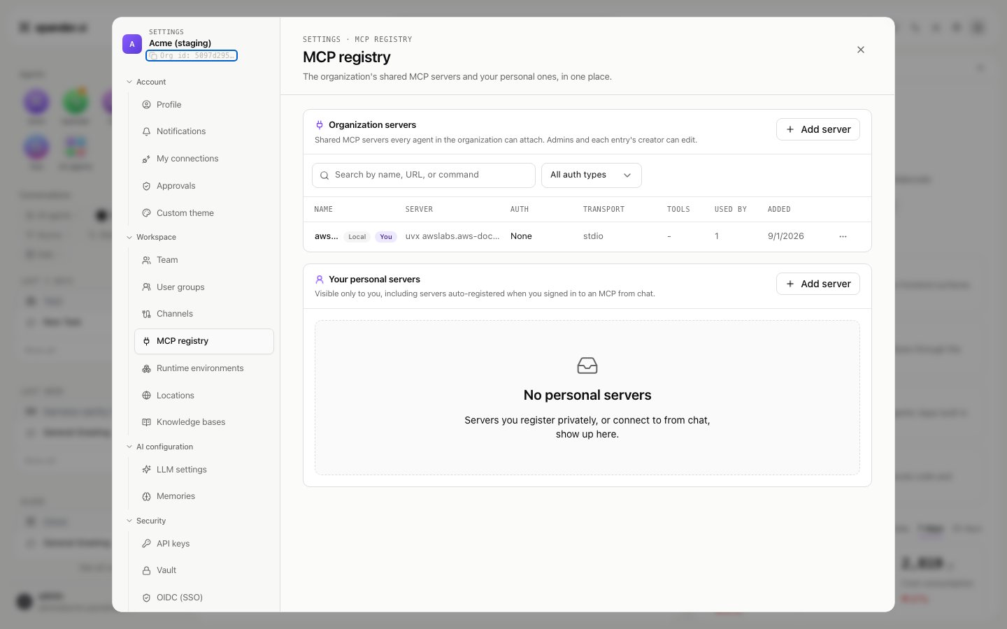 MCP registry page with an Organization servers table holding one local stdio entry and an empty Your personal servers list