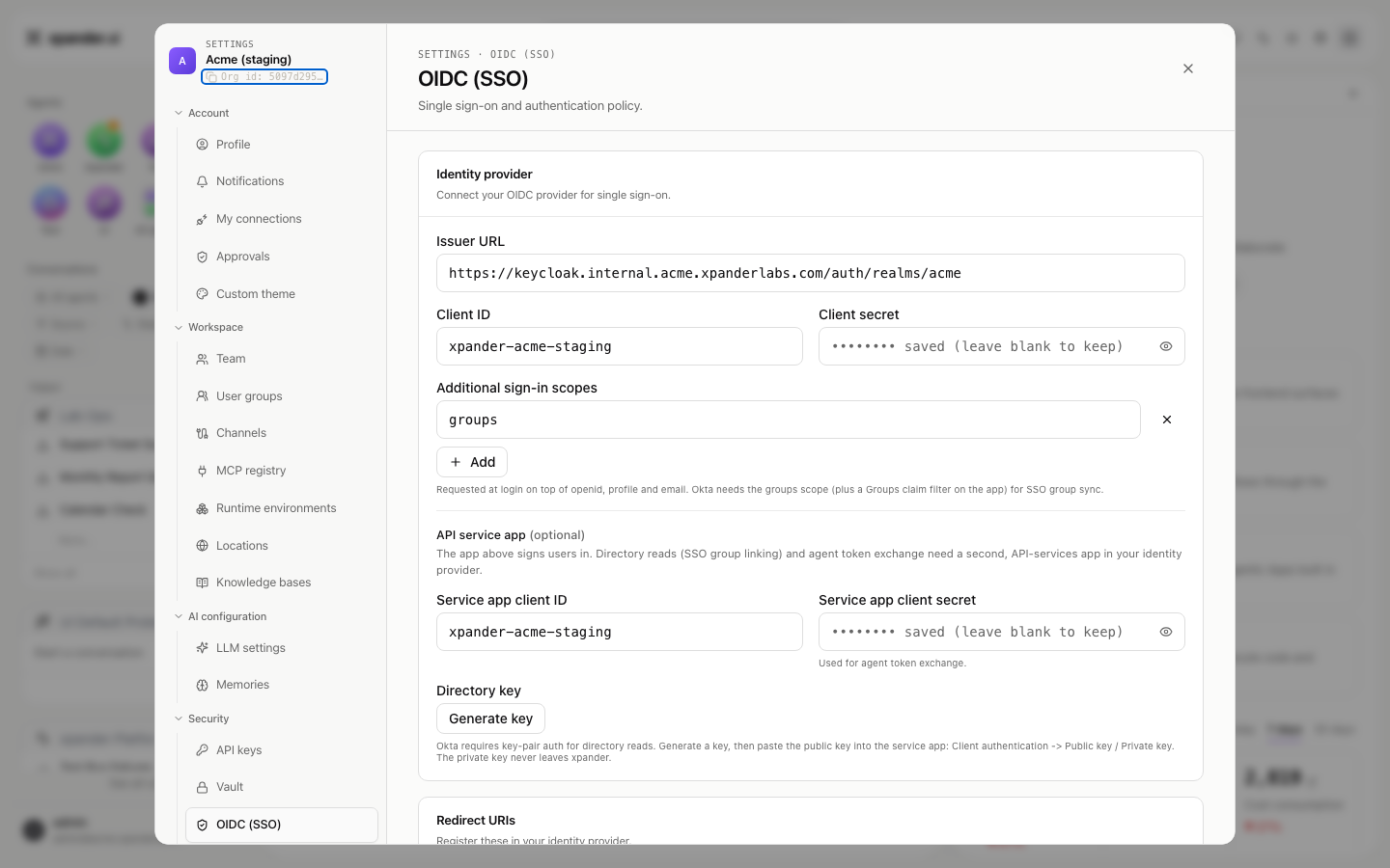 OIDC settings with Issuer URL, Client ID, a saved Client secret, and groups entered under Additional sign-in scopes