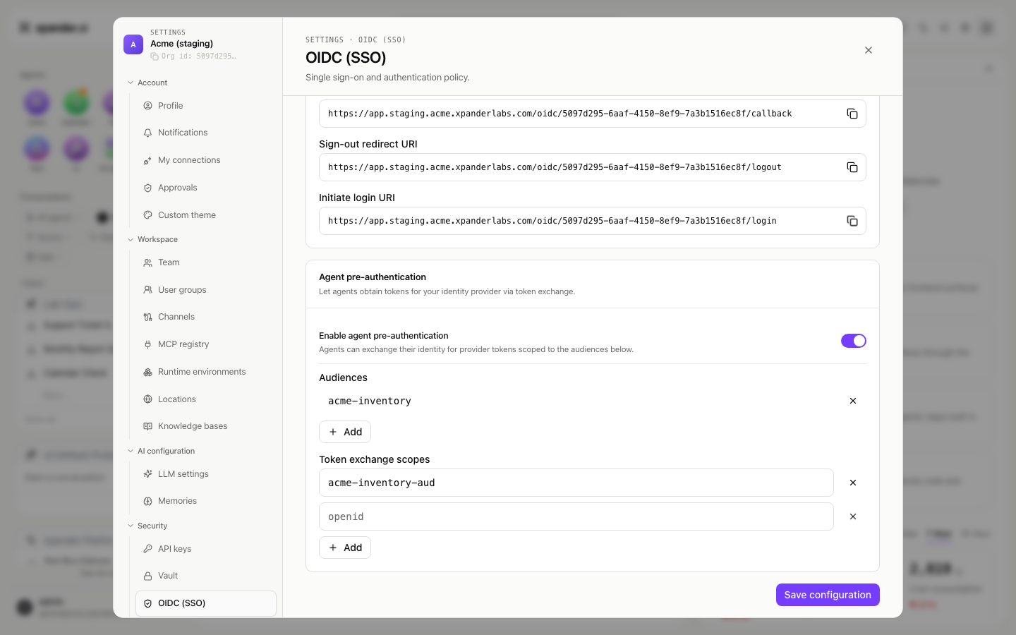 OIDC settings showing Sign-in, Sign-out and Initiate login redirect URIs, then an Agent pre-authentication card with the Enable agent pre-authentication switch on, one audience, two token exchange scopes and a Save configuration button