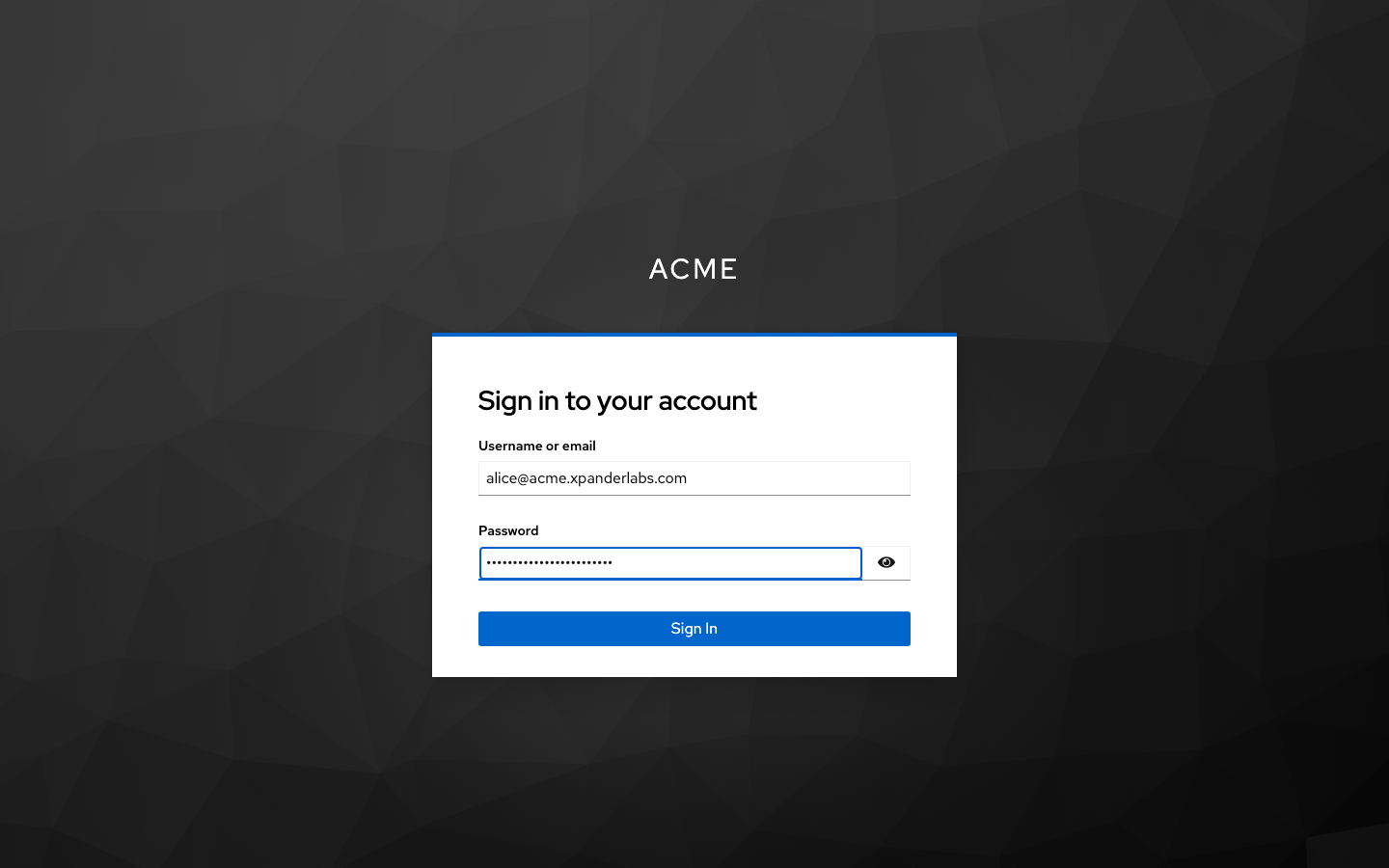 Keycloak sign-in page titled Sign in to your account with Username or email and Password fields