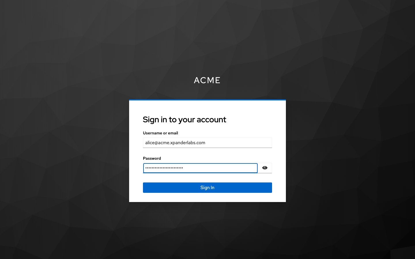 Keycloak sign-in page titled Sign in to your account with Username or email and Password fields