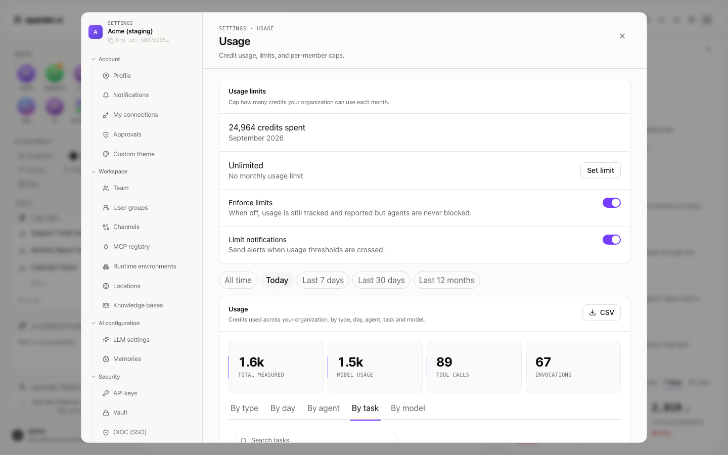 Settings Usage page with range chips All time, Today, Last 7 days, Last 30 days and Last 12 months, a CSV button, four usage tiles, and tabs By type, By day, By agent, By task and By model