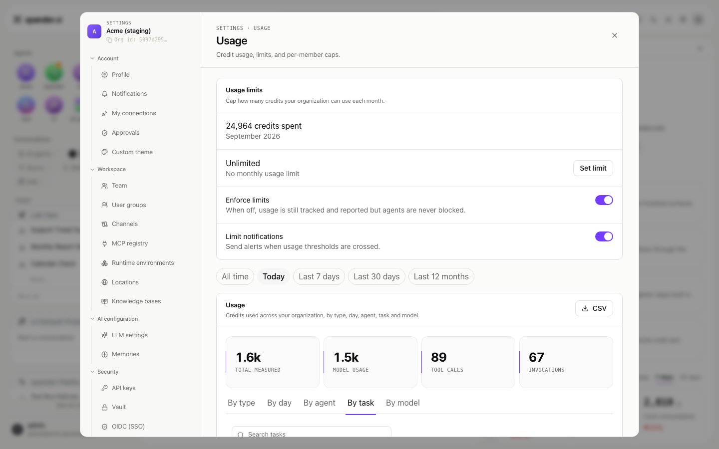 Settings Usage page with range chips All time, Today, Last 7 days, Last 30 days and Last 12 months, a CSV button, four usage tiles, and tabs By type, By day, By agent, By task and By model