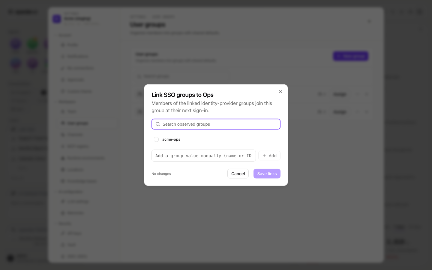Link SSO groups to Ops dialog reading 'Members of the linked identity-provider groups join this group at their next sign-in', with a search box, one observed group value, a manual entry field and a Save links button