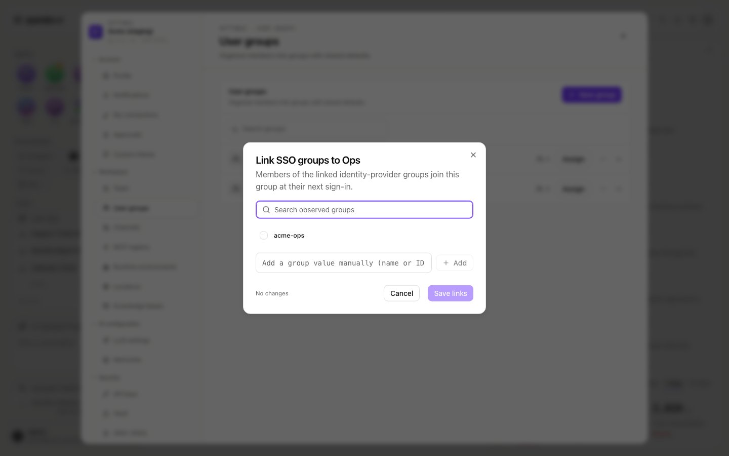 Link SSO groups to Ops dialog reading 'Members of the linked identity-provider groups join this group at their next sign-in', with a search box, one observed group value, a manual entry field and a Save links button