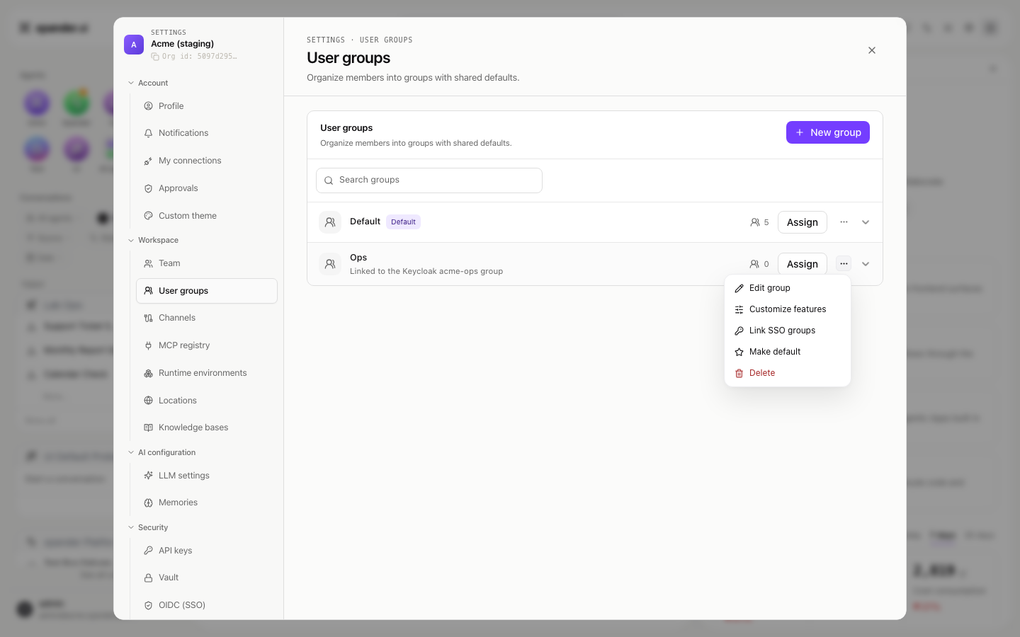 User groups list with a row menu open showing Edit group, Customize features, Link SSO groups, Make default and Delete