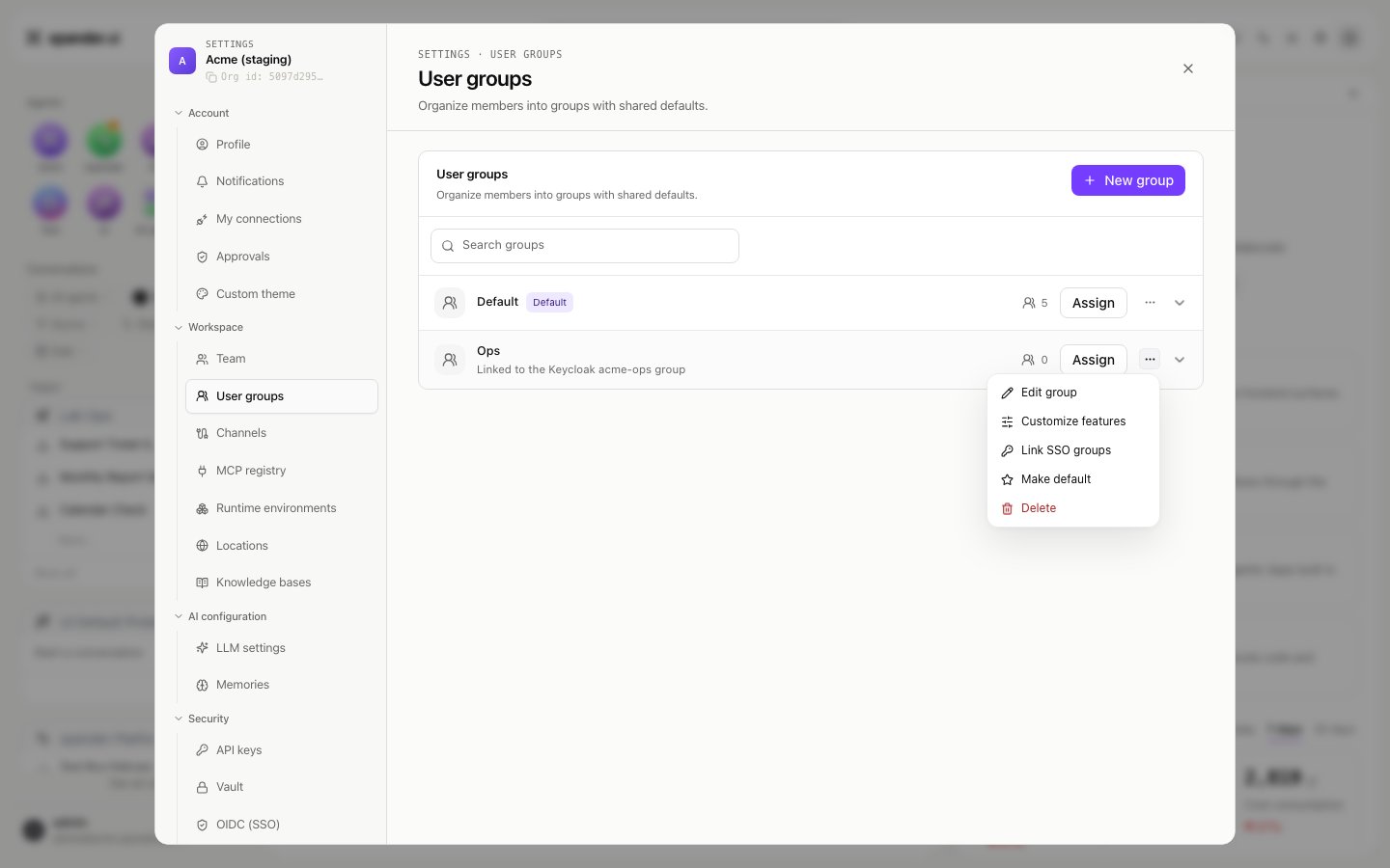 User groups list with a row menu open showing Edit group, Customize features, Link SSO groups, Make default and Delete