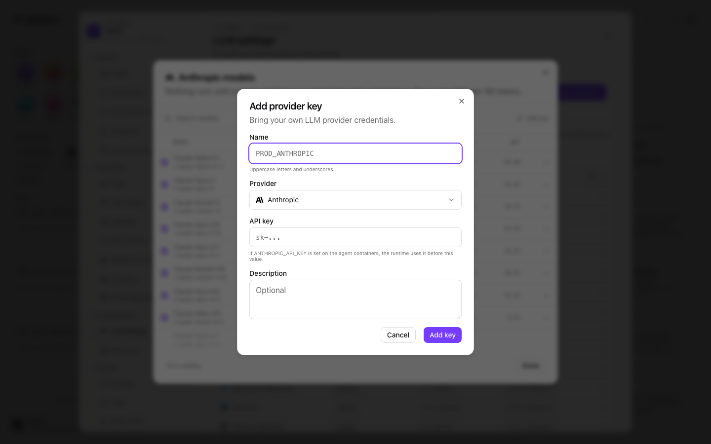 Add provider key dialog