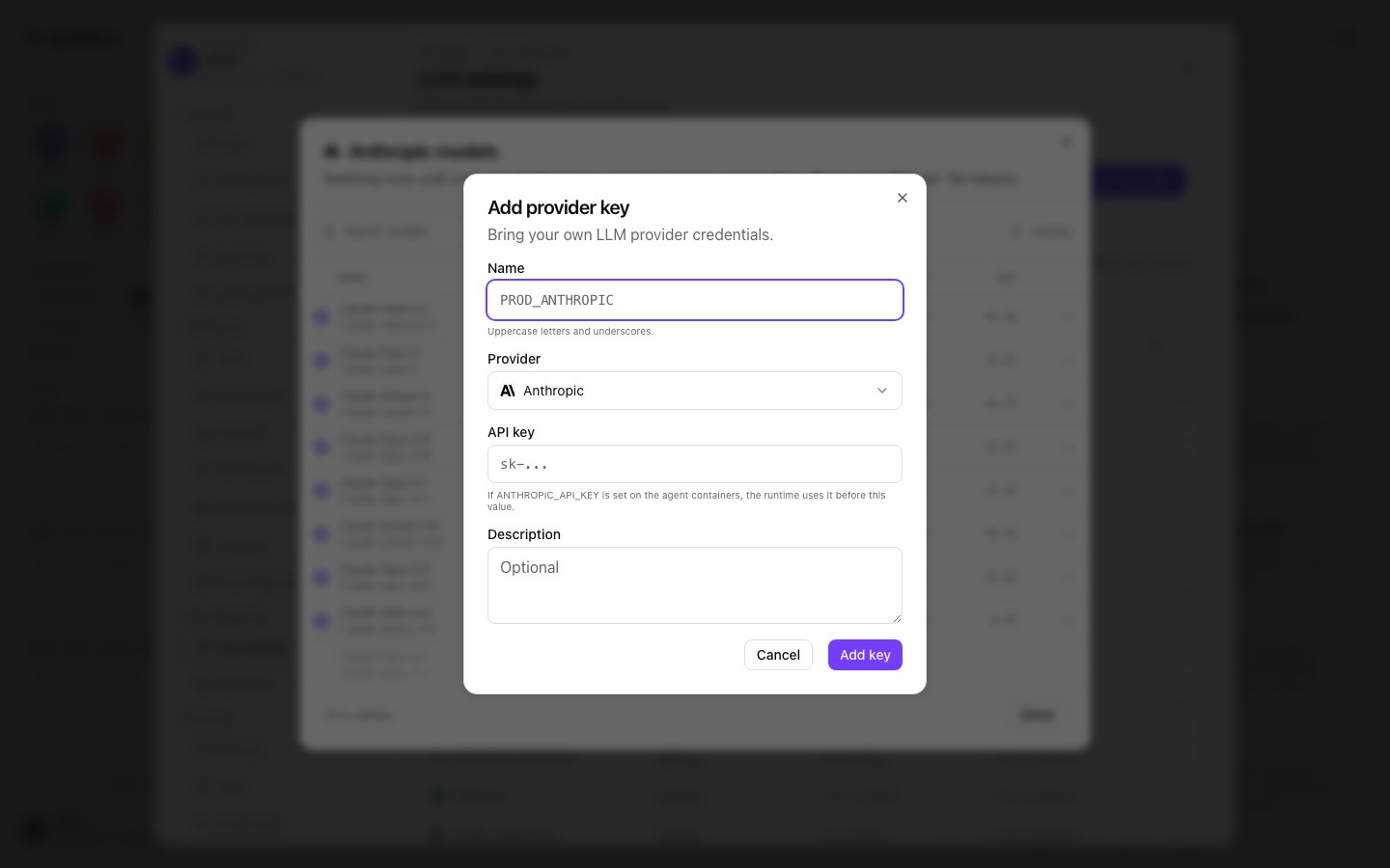 Add provider key dialog