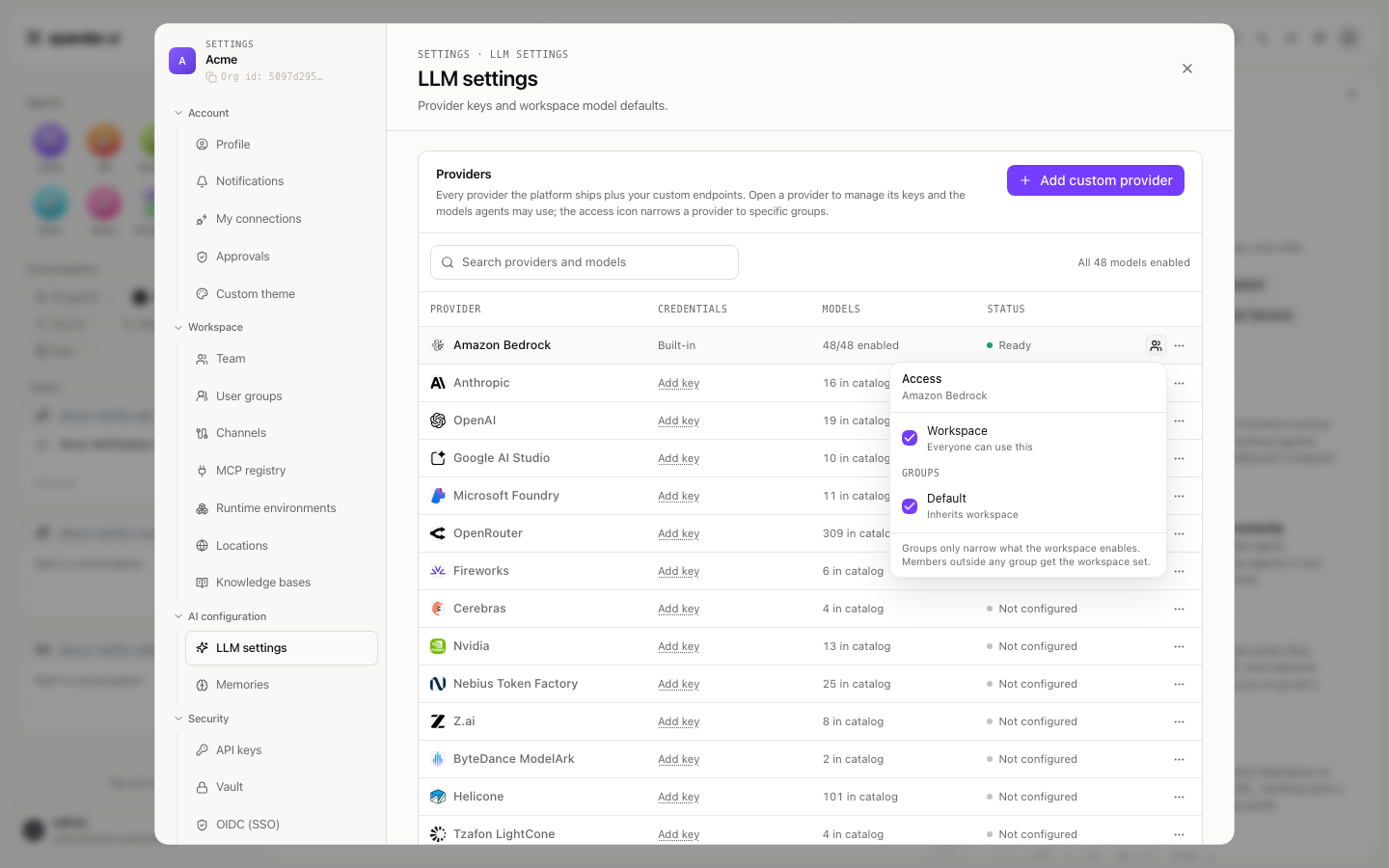 Manage access popover for a provider