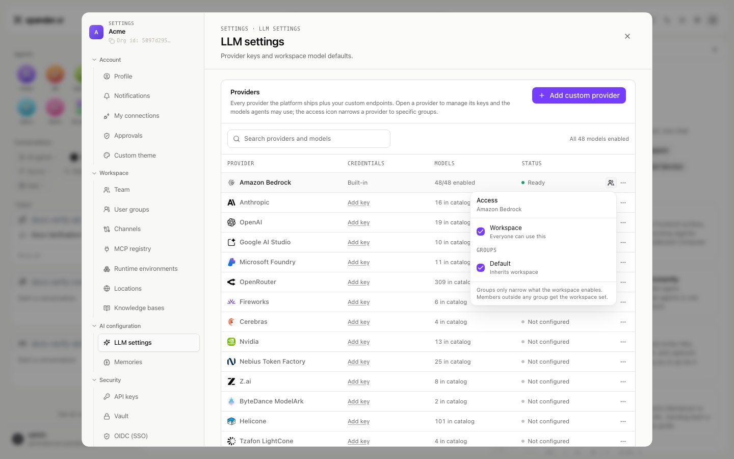Manage access popover for a provider