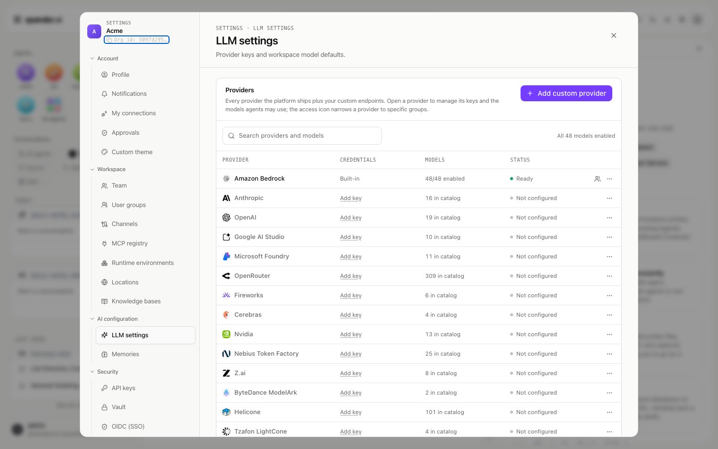 LLM settings providers card