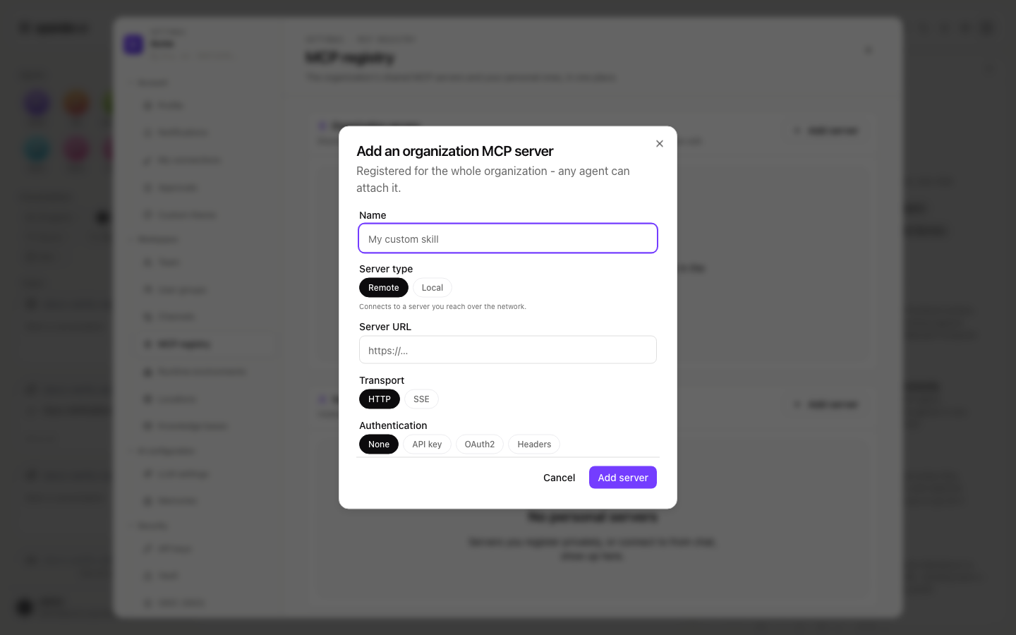 Add server dialog in the MCP registry