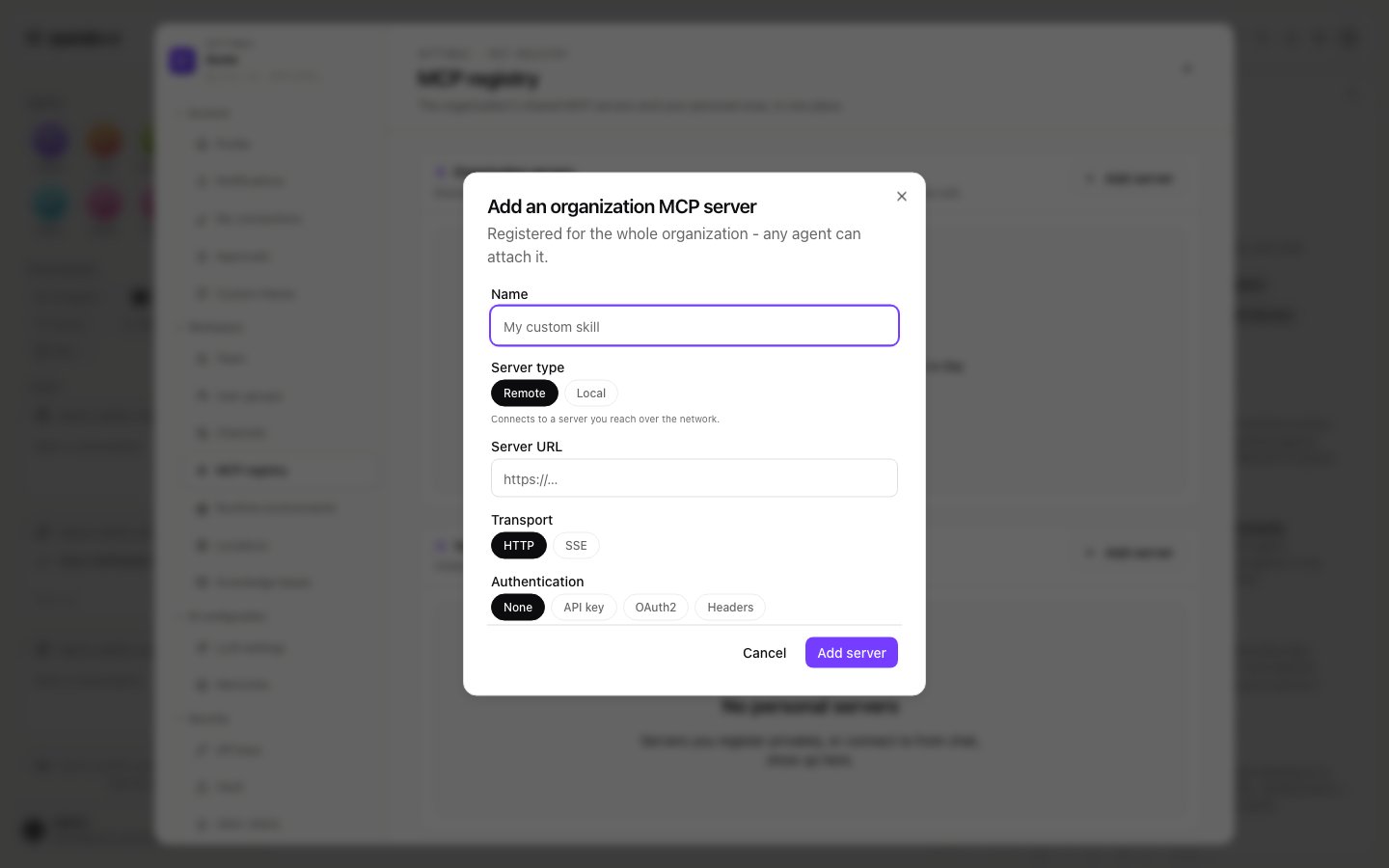 Add server dialog in the MCP registry