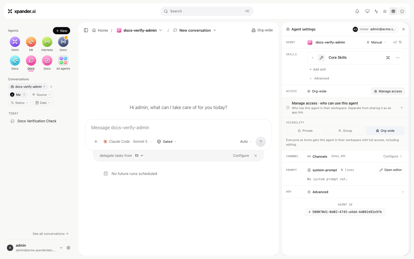 Agent settings panel with ACCESS row set to Org-wide, Manage access open showing VISIBILITY options Private, Group and Org-wide
