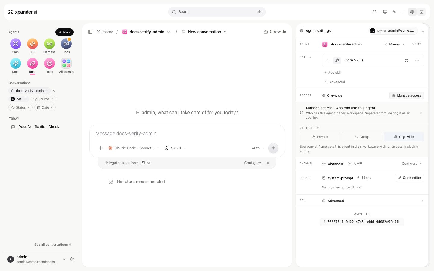 Agent settings panel with ACCESS row set to Org-wide, Manage access open showing VISIBILITY options Private, Group and Org-wide