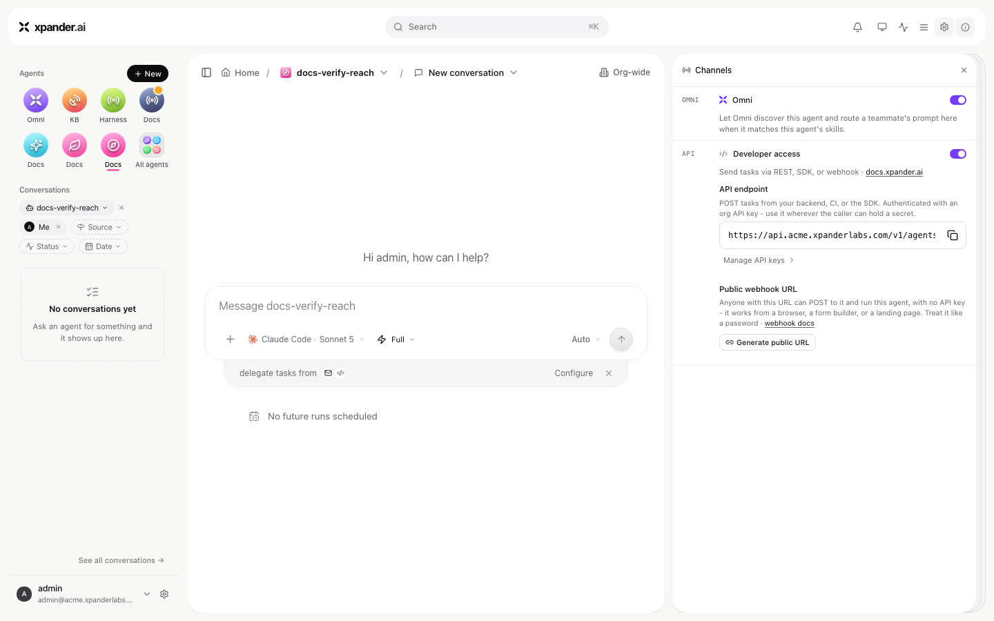 Channels pane showing Omni and Developer access sections, with API endpoint and a Generate public URL button