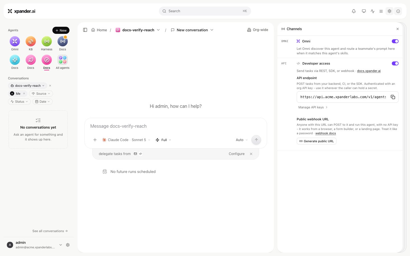 Channels pane showing Omni and Developer access sections, with API endpoint and a Generate public URL button