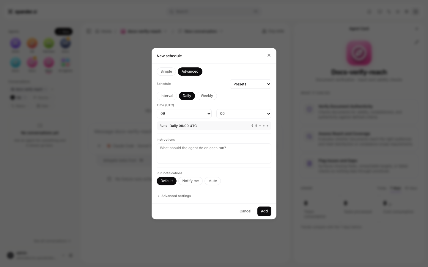New schedule dialog, Advanced tab, showing Interval, Daily and Weekly modes, a UTC time picker, and a read-only Runs preview with the cron expression