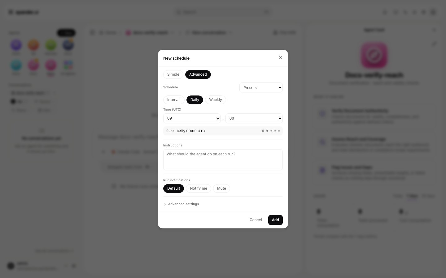 New schedule dialog, Advanced tab, showing Interval, Daily and Weekly modes, a UTC time picker, and a read-only Runs preview with the cron expression