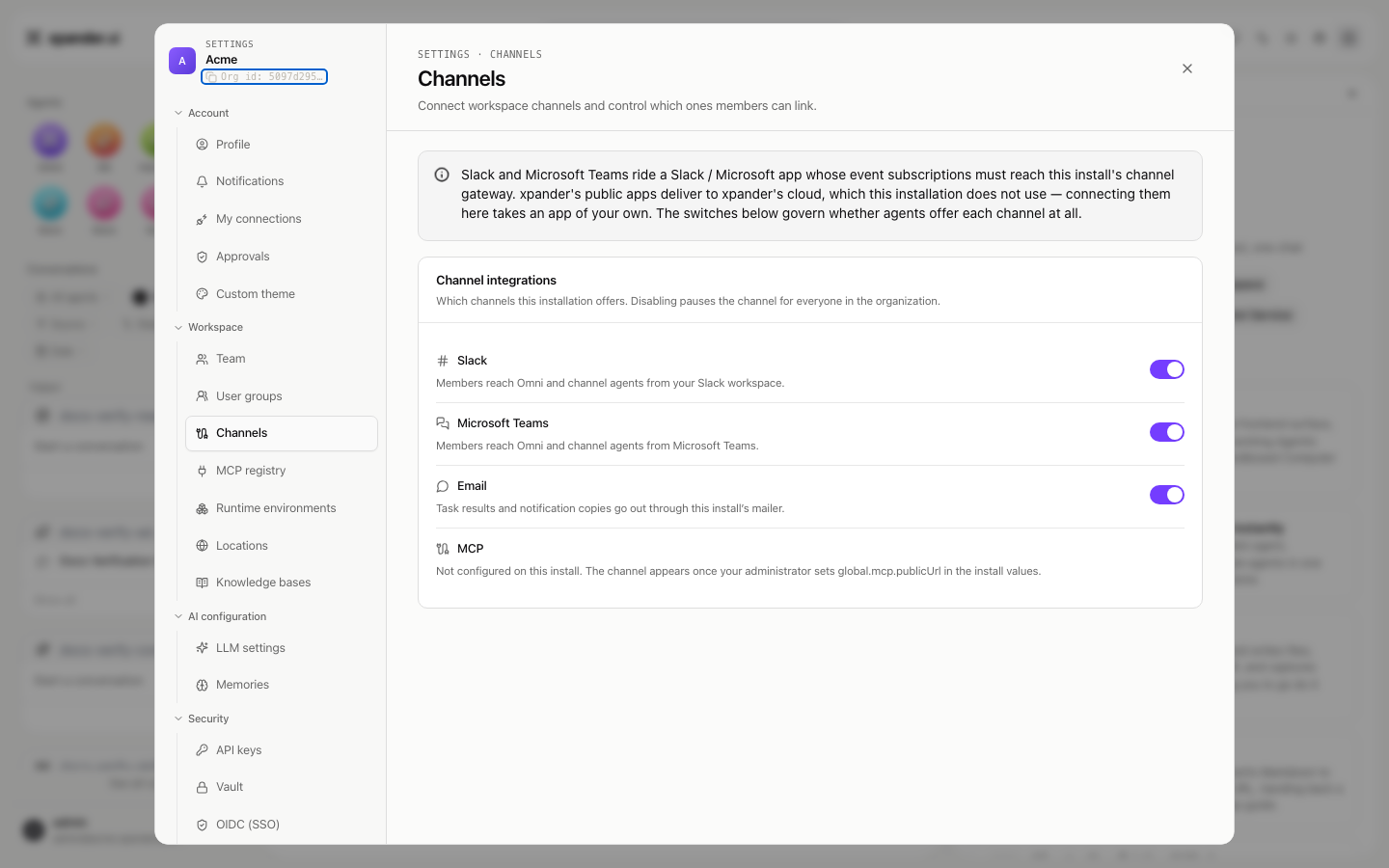 Settings Channels page listing Slack, Microsoft Teams, Email and MCP switches, with MCP marked not configured
