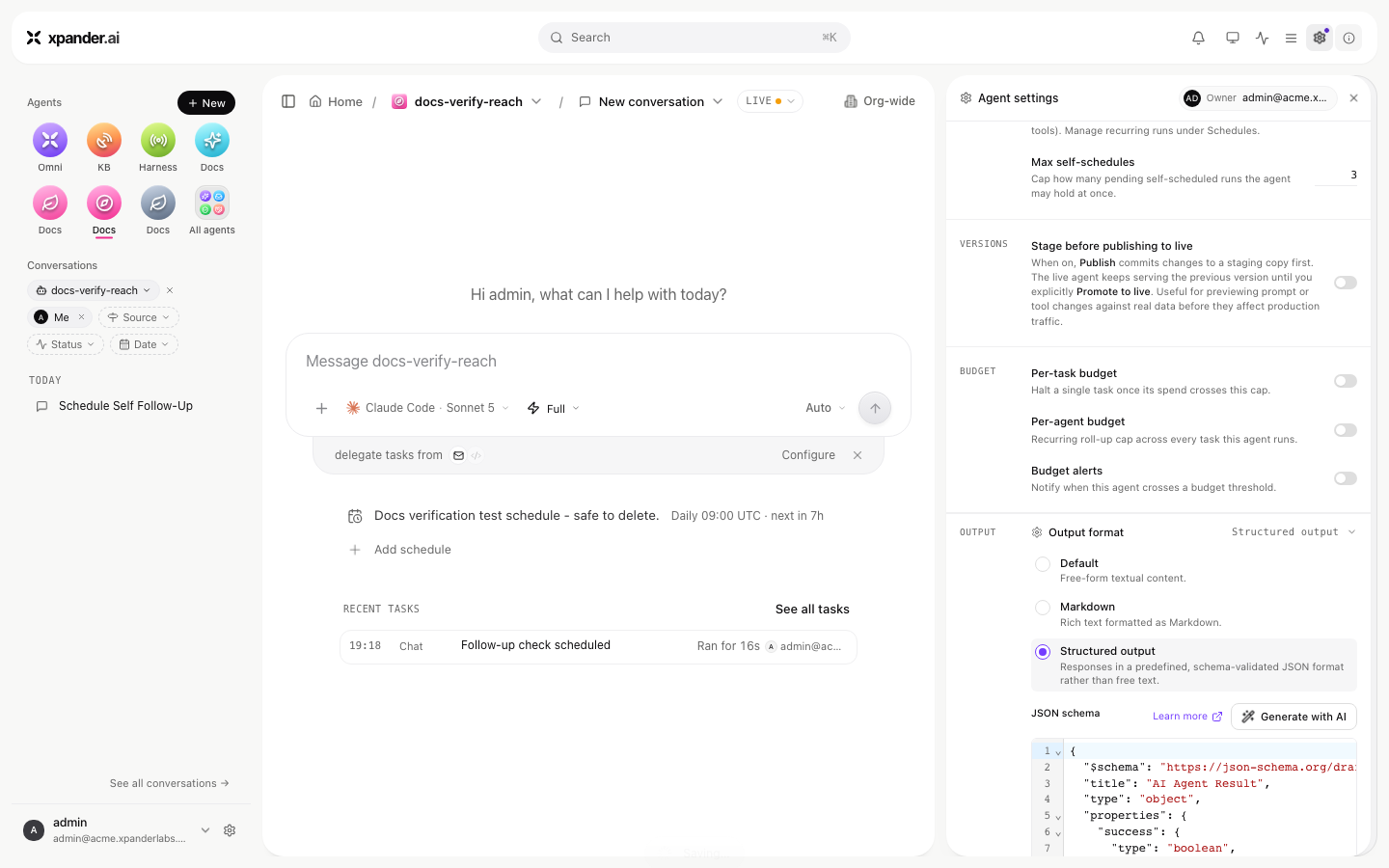Agent settings Output section with Default, Markdown and Structured output options, a JSON schema editor holding a seeded AI Agent Result schema, and a Generate with AI button