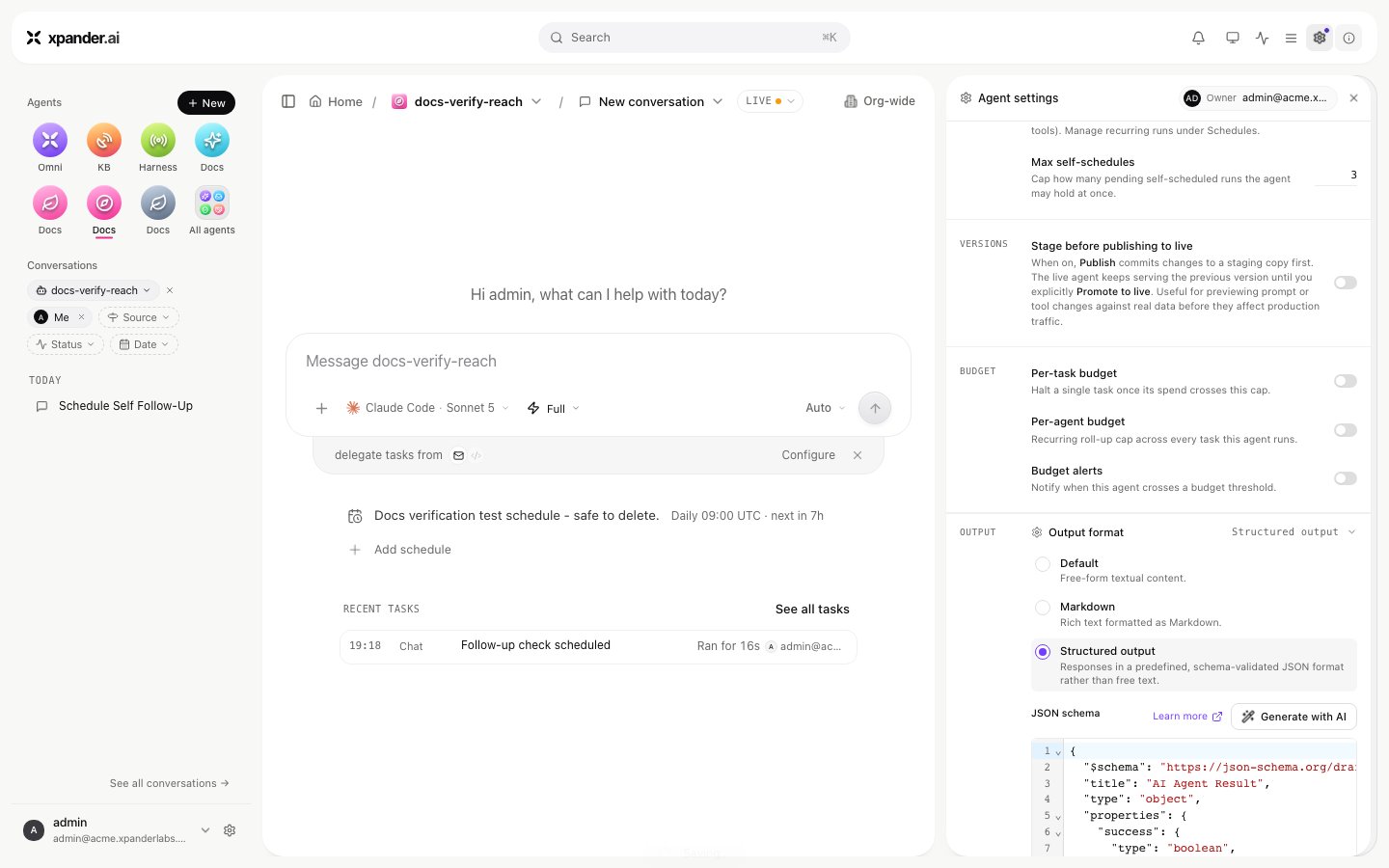 Agent settings Output section with Default, Markdown and Structured output options, a JSON schema editor holding a seeded AI Agent Result schema, and a Generate with AI button