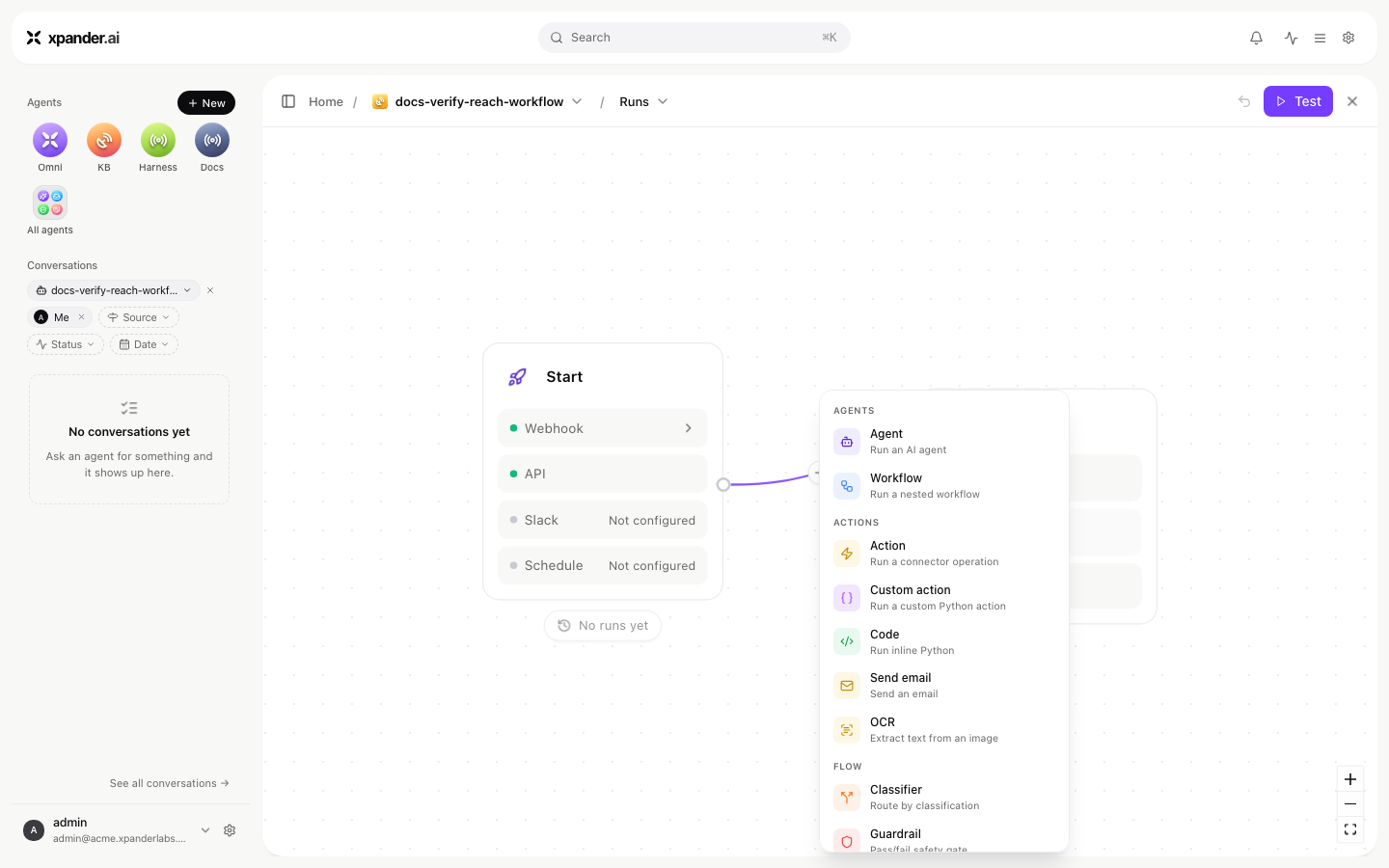 Node picker listing Agent, Workflow, Action, Custom action, Code, Send email, OCR, Classifier and Guardrail
