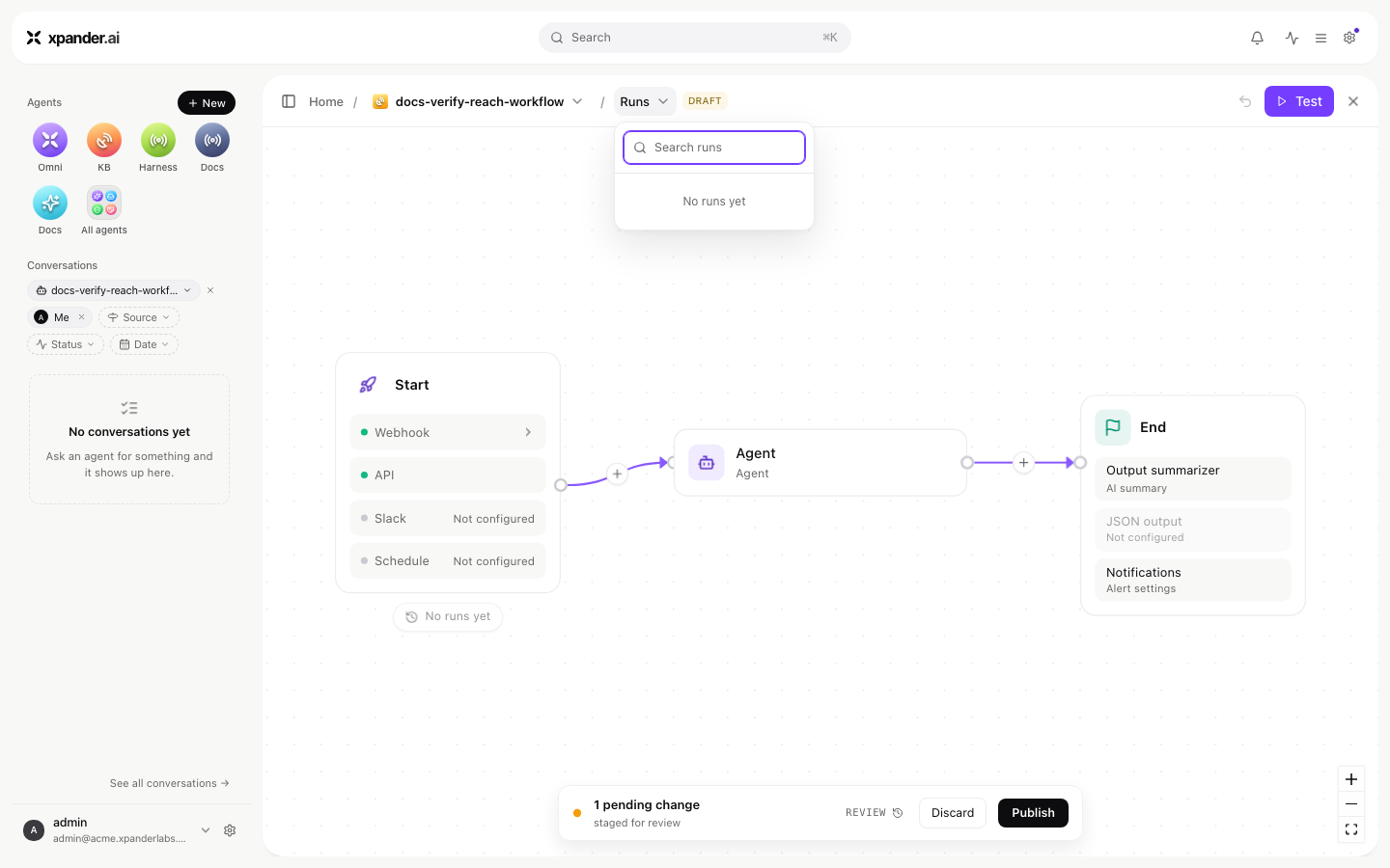 Workflow editor showing a DRAFT badge, the Runs search dropdown, and a pending change with Discard and Publish buttons
