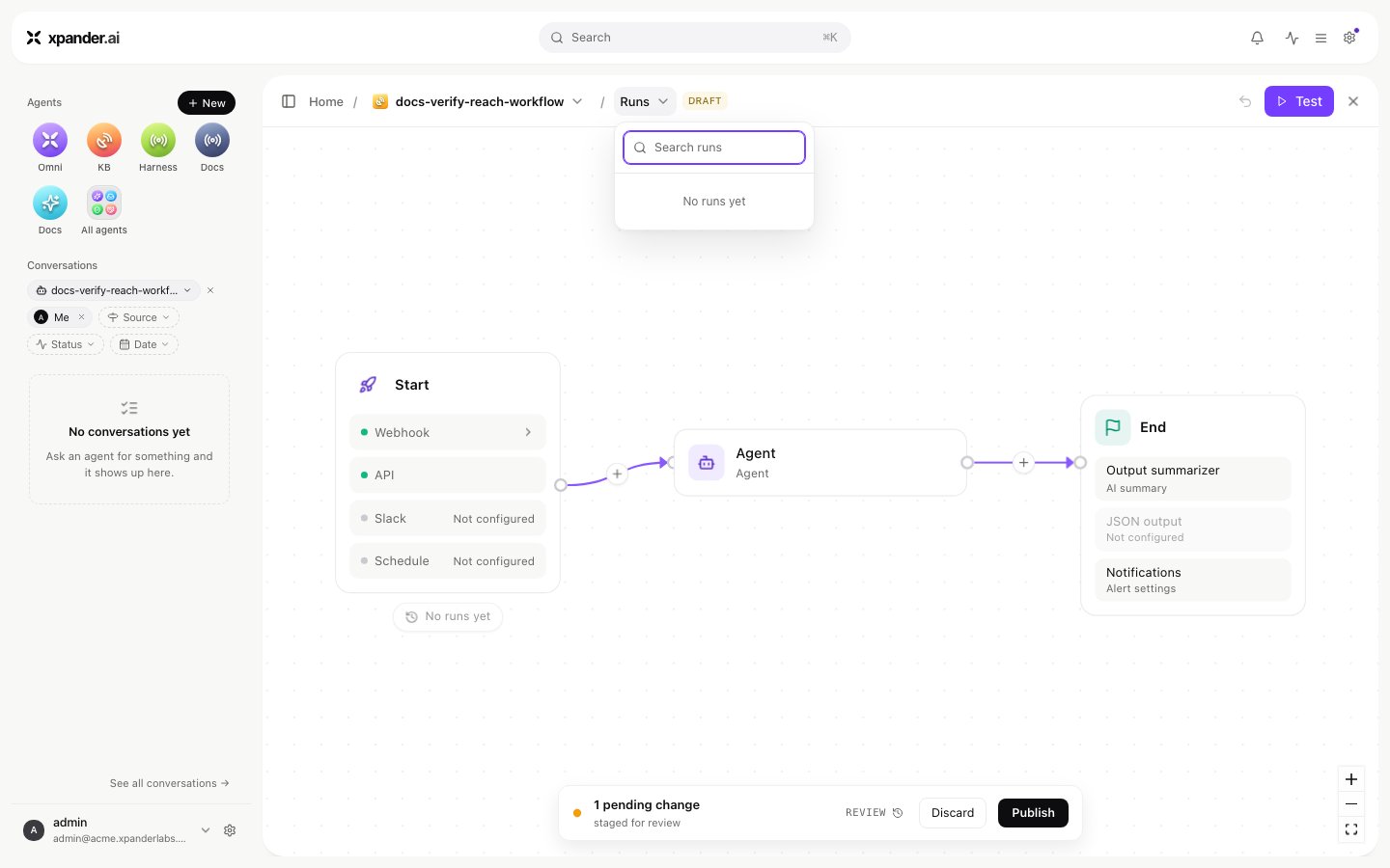 Workflow editor showing a DRAFT badge, the Runs search dropdown, and a pending change with Discard and Publish buttons