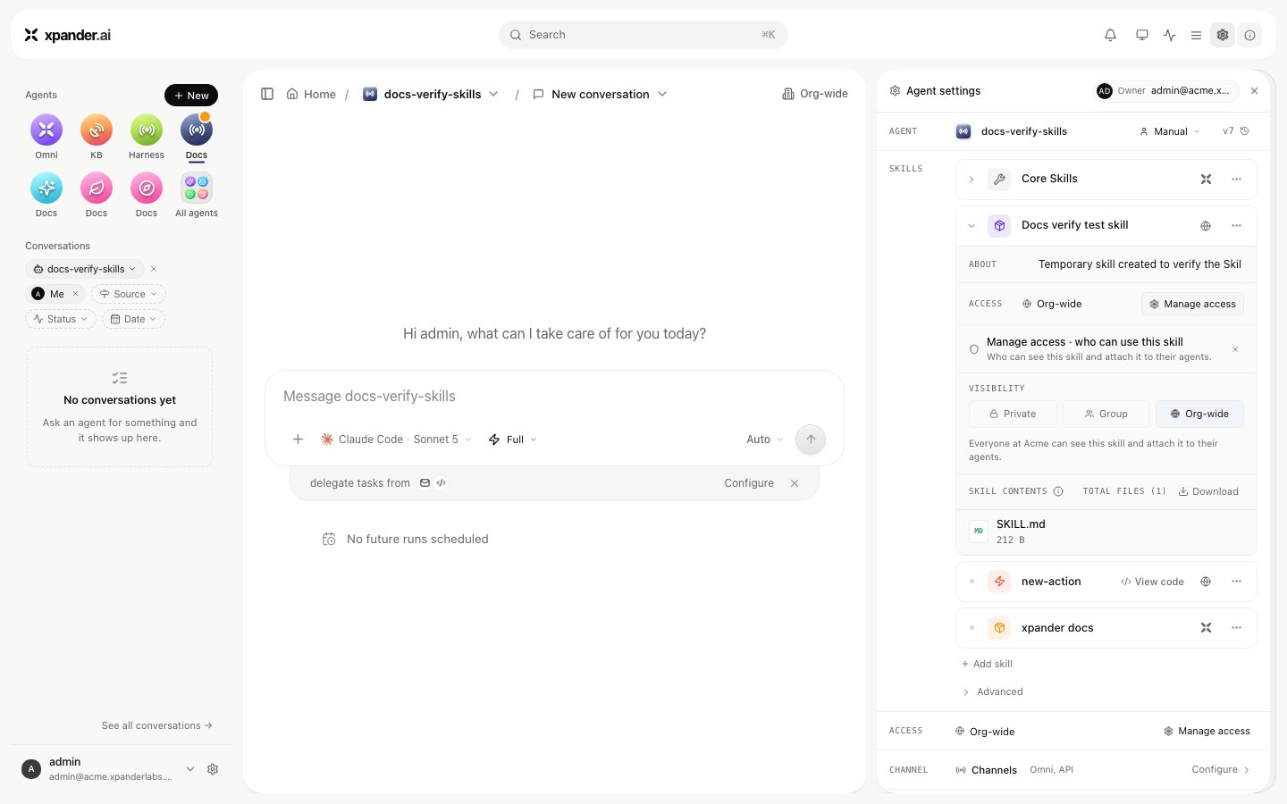 Manage access panel for a skill showing Private, Group and Org-wide visibility options